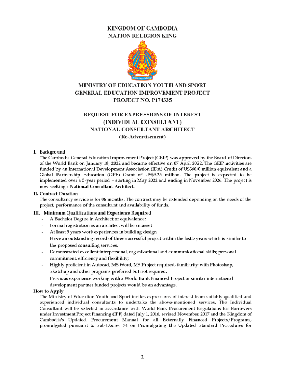 Project No. P174335 Request for Expressions of Interest (Individual Consultant) National Consultant Architect